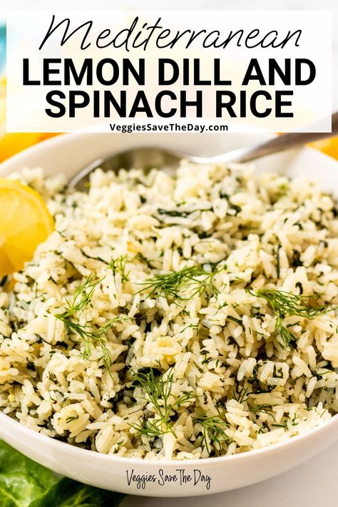 Mediterranean Lemon Dill Spinach Rice is loaded with mouthwatering flavors. This delicious side dish is easy to make and has the perfect texture. Save this pin and follow for more healthy vegan recipes! Lemon Spinach Rice, Lemon Dill Rice, Rice With Lemon, Dill Rice, Vegan Mediterranean, Rice Recipes Vegan, Dill Recipes, Spinach Rice, Vegan Feta Cheese