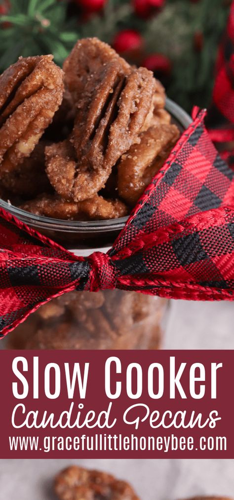 Try making these Slow Cooker Candied Pecans for an easy and delicious dessert that makes a great snack or holiday treat. Find full recipe details at gracefullittlehoneybee.com Crock Pot Pecans Candied, Crock Pot Candied Pecans, Crockpot Pecans Candied, Slow Cooker Candied Pecans, Crockpot Candied Pecans, Candied Pecans Crockpot, Crockpot Candy Pecans, Crk Oc, Crockpot Candy Recipes