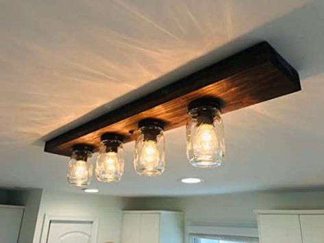 Mason Jar Ceiling Lights, Hanging Mason Jar Lights, Mason Jar Light Fixture, Rustic Kitchen Lighting, Farmhouse Ceiling, Mason Jar Kitchen, Wood Light Fixture, Hanging Mason Jars, Rustic Light Fixtures