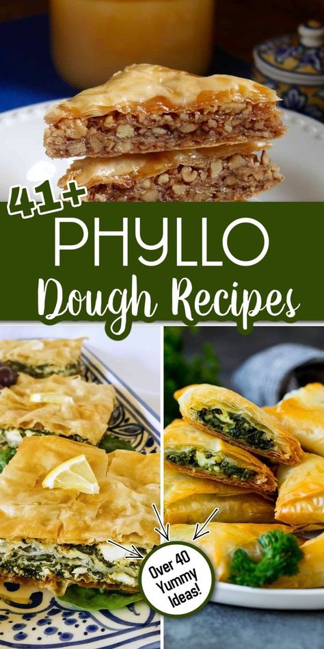 Three images of recipes made from Phyllo dough with Pinterest overlay. How To Make Philo Dough, What To Make With Phylo Pastry, Phyllo Dough Hand Pies, Philo Dough Recipes Desserts Phyllo Cups, Savoury Phyllo Pastry Recipes, Appetizer Recipes With Phyllo Dough, Phyllo Sheet Appetizers, Appetizers Using Phyllo Dough, Appetizer With Phyllo Dough