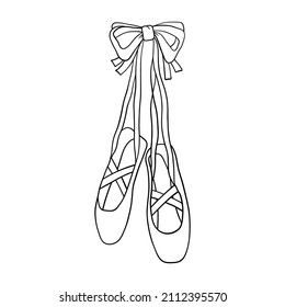 Ballerina pointe shoes hanging on bow. Outline black and white vector illustration isolated on white Ballet Shoes Doodle, Drawing Ballet Shoes, Point Shoes Drawings, Ballet Shoes Drawing Easy, Dance Shoes Drawing, Pointe Shoes Tattoo, Ballerina Outline, Ballerina Shoes Drawing, Pointe Shoes Drawing