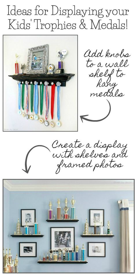 Love these ideas for displaying kids' trophies, medals, and ribbons! Click through for the how-to! Medal Display Ideas Golf, Ribbon And Trophy Display Ideas, Golf Trophy Display, Display Metals And Ribbons, Trophy Organization Ideas, Wrestling Medal Display Ideas Diy, Trophy And Metal Display Ideas, How To Display Trophies, Dance Trophy Display Ideas