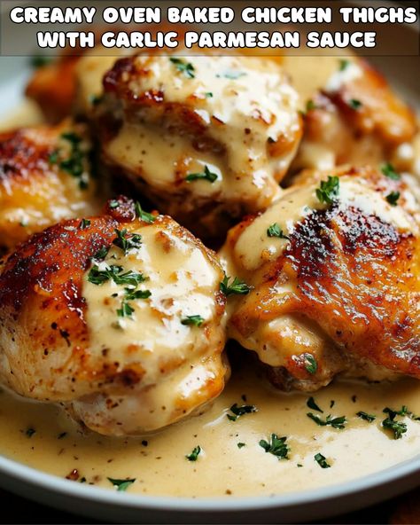 Garlic Parmesan Chicken Thighs Baked to Creamy Perfection Italian Chicken Thighs Baked, Creamy Oven Baked Chicken Thighs, Chicken Thigh Side Dishes, Chicken Thigh Meal Ideas, Easy Chicken Thighs Recipe, Chicken Thigh Oven Recipes, Italian Chicken Thigh Recipes, Chicken Thighs Dinner Ideas, Creamy Baked Chicken Thighs