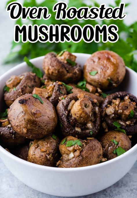 These Oven Roasted Mushrooms are so delicious and easy to make. White mushrooms, onions and garlic combined with butter, balsamic vinegar and oregano are a simple side dish. The Oven Roasted Mushrooms added to pasta or rice also make a delicious vegetarian main dish. Side Dishes For Scallops, Oven Roasted Mushrooms, Vegetarian Main Dish, Keto Sides, Keto Sauces, Roasted Onions, Vegetarian Main Dishes, Scallop Recipes, Roasted Mushrooms