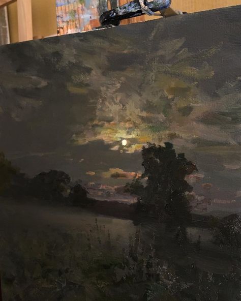 Impressionism Art Landscape Easy, Night Sky Landscape Painting, Night Nature Painting, Summer Night Painting, Nighttime Paintings, Rain Painting Acrylic, Dark Sky Painting, Night Time Art, Landscape Ideas Painting