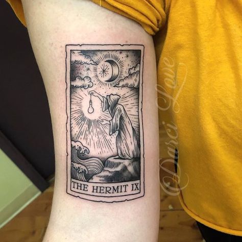 the hermit tattoo - a phase of introspection where you are drawing your attention inwards and looking for answers within - center chest The Hermit Tattoo, Hermit Tattoo, Tarot Card Tattoo Ideas, Card Tattoo Ideas, Virgo Tattoo Designs, Tarot Tattoo, Tarot Card Tattoo, Card Tattoo Designs, The Hermit