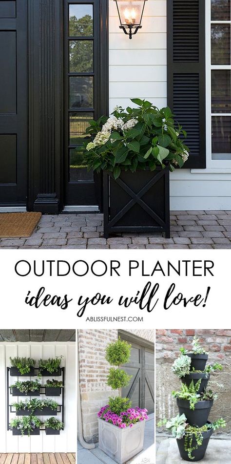 Beautiful front porch planter ideas to instantly up your curb appeal! #ABlissfulNest #gardening #curbappeal Doorway Plants Entrance, Front Porch Fake Planter Ideas, Garage Door Planter Ideas, Planters Front Porch, Front Porch Planter Ideas, Front Porch Planter, Plants Porch, Home Decor Front Porch, Tall Planter Boxes