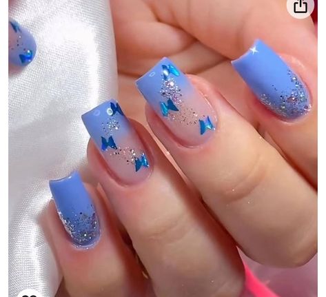 Blue Butterfly Nails Acrylics Short, Gradient Acrylic Nails, Nails Blue Gradient, Short Nail Designs Blue Butterfly, Nails Unique Design, Blue And Purple Butterfly Nails, Galaxy Themed Acrylic Nails, Blue Glitter Butterfly Nails, Nails For The Holidays