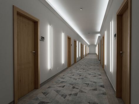 LED lighting for office hallway- profile "DOPIO" | LUMINES Office Corridor Design Hallways, Hallway Lighting Design, Hotel Hallway Design, Office Hallway Design, Apartment Building Hallway, Lighting For Office, Office Corridor, Hotel Corridor, Hotel Hallway