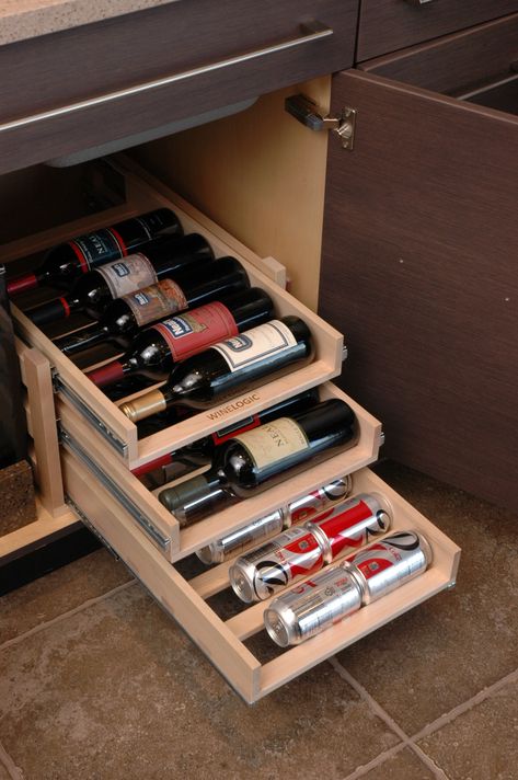 Kitchen With Wine Storage, Pull Out Wine Drawer, Wine Storage Solutions, Wine Rack Drawer, Diy Pull Out Liquor Drawer, Wine Drawers Storage, Dining Room Wine Storage, Alcohol Storage Ideas, Liquor Storage Ideas