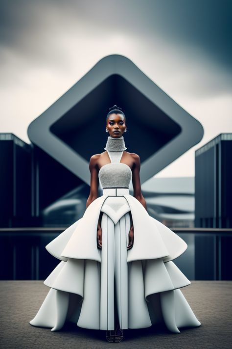 Lexica - Haute Couture Fashion Model in the style of Alexander McQueen in front of futuristic building by Gareth Pugh Futuristic Royalty Fashion, Futuristic Fashion Sketches, Futuristic Design Fashion, Avangard Fashion Style, Futureristic Fashion, Sci Fi Fashion Futuristic, Space Fashion Futuristic, Futuristic Gown, Future Fashion Futuristic