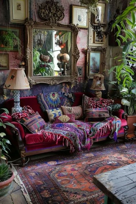 Scandi Boho Living Room, 1970s Living Room, Lounge Green, Dark Boho Living Room, Maximalist Living Room, Repurposed Decor, Maximalist Decor, Bohemian Living Room, Living Room Green