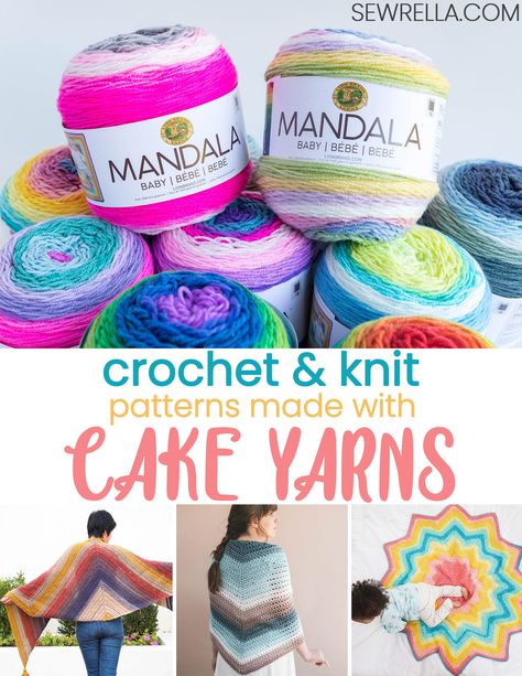 These cake yarns are so great to work with - and the variety of color is endless! SO many patterns and ideas in the post for ya! #crochet #knit #crochetpatterns #knitpatterns #cakeyarns #lionbrandyarn #cakeyarnpatterns #easypattern #forbeginners #howto #sewrella #diy #crafts Yarn Cake Patterns, Mandala Yarn Knitting Patterns Free, Lionbrand.com Free Patterns, Yarn Cake Crochet Patterns, Mandala Ombre Yarn Crochet Patterns, Joanns Crafts, Square Patterns Crochet, Caron Cake Crochet Patterns, Caron Cakes Patterns