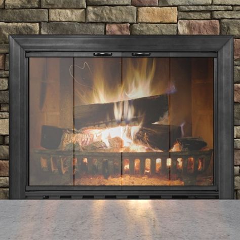 The Sion fireplace glass door comes with full swing bi-fold doors, featuring clear 1/4" thick tempered safety glass and optional spark protection. Fireplace Screens With Doors, Fireplace Makeovers, Fireplace Glass Doors, Fireplace Glass, Glass Fireplace Screen, Creek House, Masonry Fireplace, Fireplace Doors, Brick Fireplace Makeover