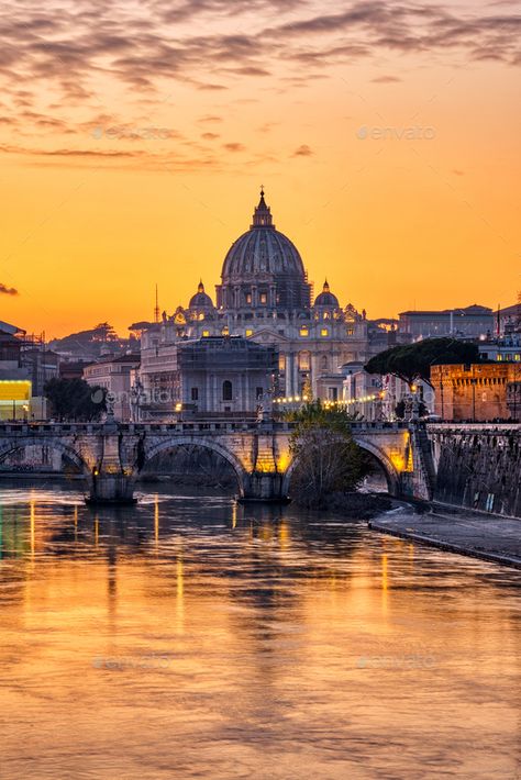 Sunset over the St. Peters Basilica by elxeneize. Sunset over the St. Peters Basilica and the river Tiber in Rome #Sponsored #Peters, #Basilica, #Sunset, #St St Peters Basilica Painting, Rome St Peters Basilica, Saint Peters Basilica, Peters Basilica, Narrative Illustration, Greece Cruise, Rome Architecture, Architectural Buildings, Rome Streets