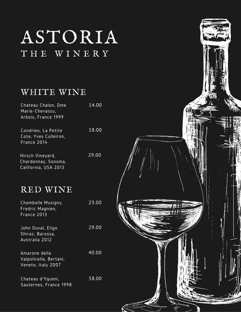 French Restaurant Menu Fine Dining, Fancy Menu Ideas, Menu Design Fancy, Wine Menu Design Layout, Elegant Menu Design Restaurant, Black And White Menu Design, Wine Menu Design Ideas, Black Menu Design, Wine List Menu Design