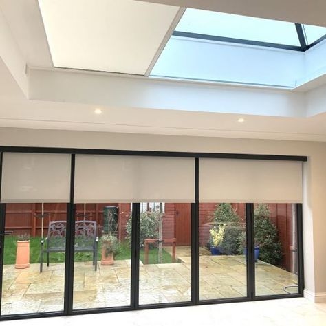 Click Fit Bifold Blinds, Lounge Bifold Doors, Bifold Door With Blinds, Bi Fold Doors Living Room Curtains, Blinds For Garden Room, Bifolds With Curtains, Electric Blinds For Patio Doors, Bifold Door Window Covering, Roller Blinds For Bifold Doors