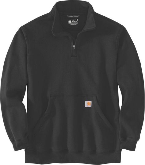 JTL eBay-template - Tyro Verkäuferseite Carhartt Quarter-Zip Sweatshirt Black Quarter Zip Mock Neck Sweatshirt · Loose Fit · 10.5 oz/yd² - 356 gsm · Mid Weight Fleece · Long Sleeve · Mock neck · Front hand warmer pocket · Quarter length front zipper · Stretchable, elastane reinforced rib knit cuffs and waistband · Carhartt label sewnon pocket Material: 50% Cotton; 50% Polyester Product Code: 105294-BLK Seit mittlerweile vielen Jahren sind wir in der Szene unterwegs, besuchen Messen und beobachte Mock Neck Sweatshirt, Men Carhartt, Quarter Zip Sweatshirt, Carhartt Mens, Knit Cuff, Zip Sweatshirt, Half Zip, Quarter Zip, Mock Neck