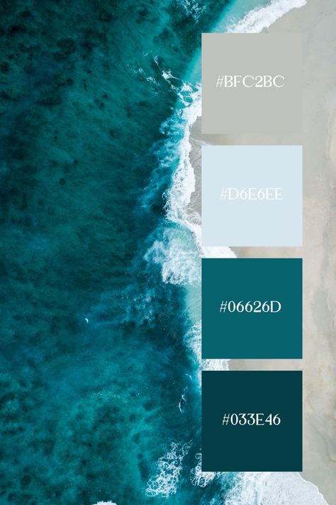 This aerial photograph captures a vast body of water with a shoreline extending into the distance. The water's surface reflects the clear blue sky above, creating a tranquil and expansive scene. Underwater Color Palette, Shark Homescreen, Aquatic Color Palette, Color Scheme Generator, Ocean Color Palette, Paint Sample Cards, Branding Moodboard, Color Generator, Color Design Inspiration