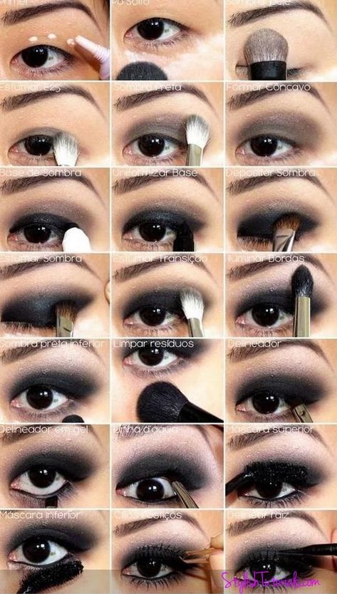 Step by Step Black Eye Makeup Tutorial Rock Makeup Looks Hooded Eyes, Emo Easy Makeup, Goth Makeup Step By Step, Gothic Eye Makeup Hooded Eyes, Grunge Smokey Eye Makeup, Formal Gothic Makeup, Mcbling Eye Makeup, How To Goth Makeup, Gothic Eye Makeup Tutorial