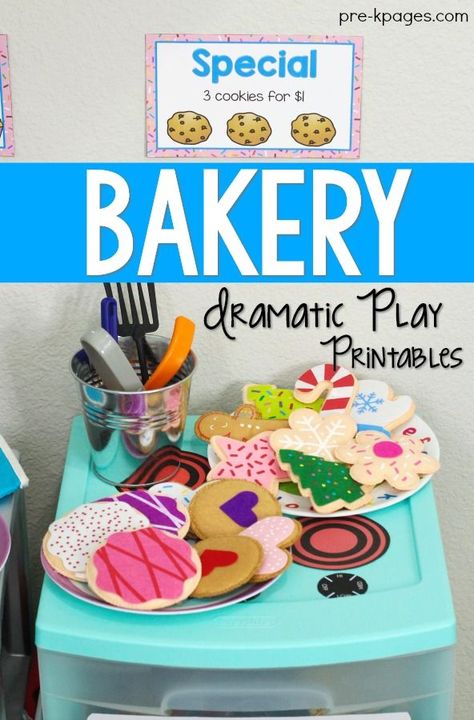 Bakery Pretend Play Printables for Preschool Your preschool or pre-k students will love baking and serving pretend cookies, pies, cakes and muffins in their very own bakery! These printable props will help you change up your dramatic play center into an adorable bakery that’s packed with a ton of learning and fun! Bakery Theme Preschool Activities, Bakery Dramatic Play Preschool, Bakery Pretend Play, Bakery Dramatic Play, Bakery Theme, Play Bakery, Pre K Classroom, Play Printables, Dramatic Play Themes