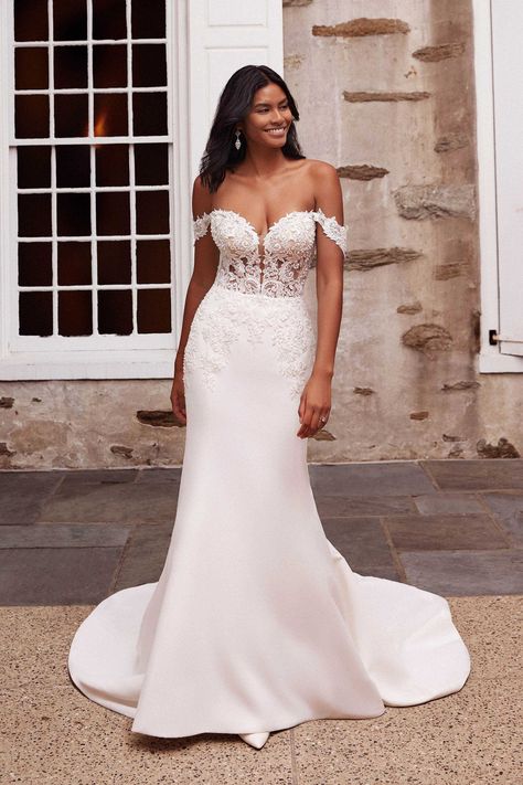 Style 44267: Satin Fit and Flare Gown with Beaded Venice Lace Appliqués | Sincerity Bridal Crepe Gown Styles, Flare Gown Styles, Sincerity Bridal Wedding Dresses, Sincerity Wedding Dress, Sincerity Bridal, Flare Gown, Justin Alexander, Blush Bridal, Bridal Salon