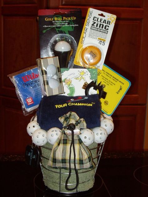 Fathers Day Gift Basket Ideas, Diy Father's Day Gift Baskets, Fundraiser Baskets, Golf Birthday Gifts, Fathers Day Gift Basket, Auction Basket, Auction Baskets, Raffle Basket, Golf Diy