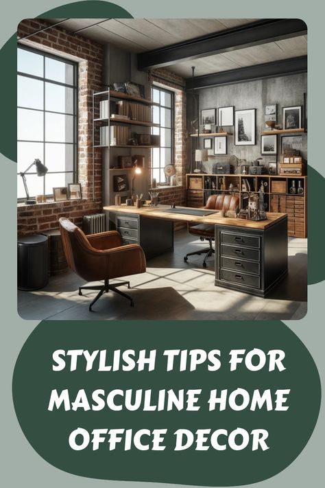 Sophisticated masculine home office with industrial design elements. Sports Themed Home Office, Man’s Home Office, Industrial Style Office Design, Home Office Ideas Masculine, Masculine Home Office Decor, Home Office Design For Men, Modern Masculine Office, Men’s Home Office, Industrial Home Office