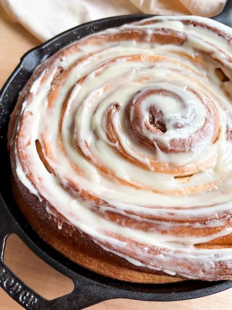 Cinnamon Roll Cast Iron Skillet, Giant Cinnamon Rolls Homemade, Camping Cinnamon Rolls, Skillet Cinnamon Rolls, Carmel Syrup, Blueberry Sourdough, Giant Cinnamon Rolls, Rolls Homemade, Kid Snacks