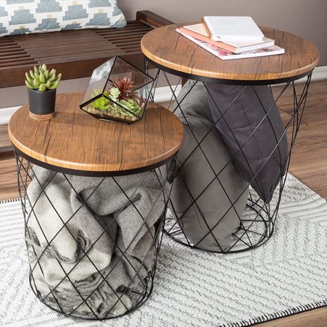 Lavish Home End Storage – Nesting Wire Basket Base and Wood Tops – Industrial Farmhouse Style Side Table Set of 2, Brown, 17.75D x 17.75W x 21H in *commissionable link* Farmhouse Side Tables, Cottage Side Table, Round Living Room Table, Round Living Room, Farmhouse End Tables, Nesting End Tables, Farmhouse Side Table, Tables Set, Inspire Me Home Decor