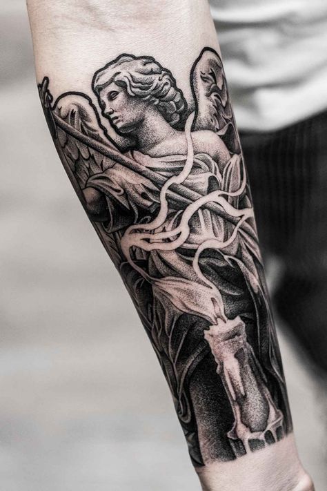 Black And Gray Forearm Tattoo, Angel Statue Tattoo, Realistic Angel, Groot Tattoo, Grey Candles, Candle Tattoo, Statue Tattoo, Belgium Germany, Angel Candle