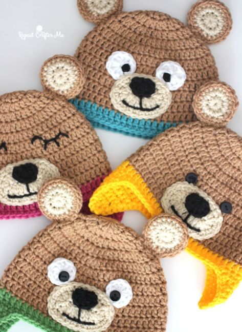 Crochet Bernat Bear Hat - Repeat Crafter Me Giraffe Hat Crochet Pattern Free, Bear Beanie Crochet, Crocheted Hats For Kids, Jaket Crochet, Crochet Toddler Hat, Bear Hat Pattern, Bernat Super Value Yarn, Crochet Bear Hat, Pola Topi