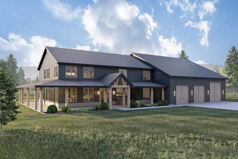 4-Bedroom Barndominium-Style House with Home Office and Oversized RV Garage (Floor Plans) Barn Plan, Rv Garage, Barn House Design, Barndominium Plans, Barn Style House Plans, Barndominium Floor Plans, Casa Exterior, Barn Style House, Wrap Around Porch