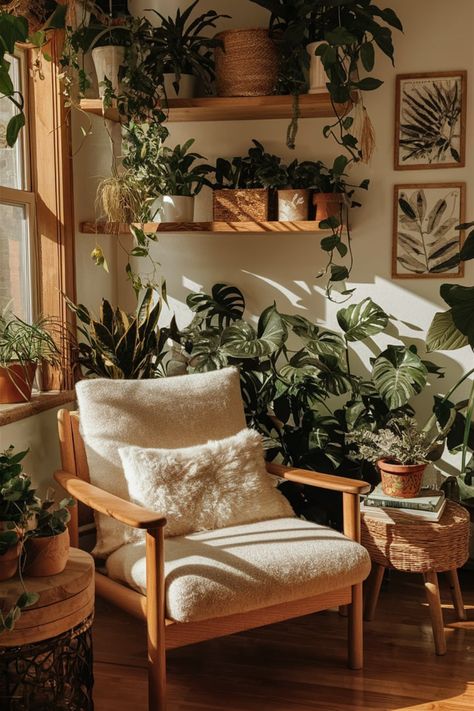 Turn a corner of your home into a peaceful reading retreat with rustic charm. Combine natural light, wooden furniture, and framed botanical artwork for a cozy and inviting vibe. #ReadingNook #CozySpaces #BohoDecor #NaturalLight #IndoorPlants Boho Room Corner, Plant Reading Corner, Plant Reading Room, Plant Corner Living Room, Rustic Reading Nook, Boho Reading Nook, Reading Retreat, Peaceful Reading, Room Decor For Men