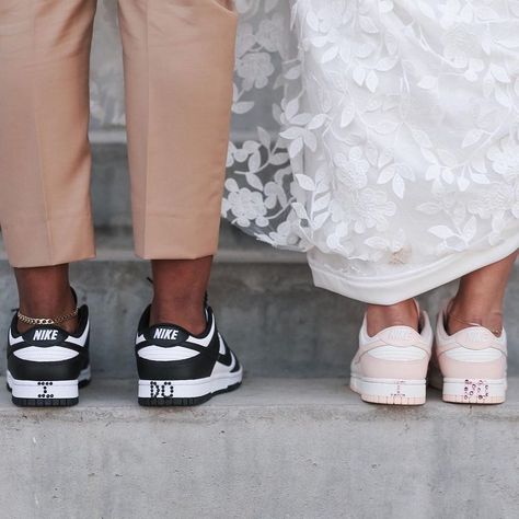 Wedding Dresses Sneakers, Groom Wearing Sneakers, Engagement Photos Jordan Shoes, Sneakers At Wedding, Matching Wedding Sneakers Bride And Groom, Bride And Groom Nike Shoes, Matching Wedding Shoes Bride And Groom Nike, Wedding Matching Sneakers, Wedding Sneakers For Groom