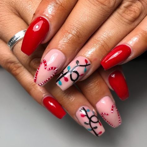 17 Festive Christmas Acrylic Nail Ideas for 2023 - thepinkgoose.com Christmas Nails 2023 Lights, Christmas Nails Gel Almond, Christmas Light Nail Designs, Christmas Nails Lights, Christmas Light Nail Art, Christmas Lights Nails, Christmas Light Nails, Pedi Designs, Simple Manicure