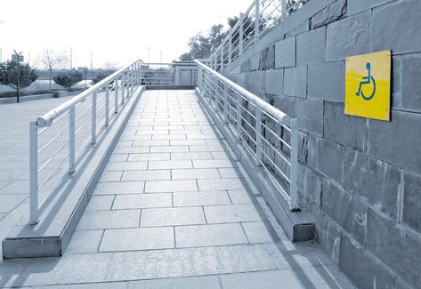 Disabled Ramps, Ada Bathroom, Ramp Design, Access Ramp, Apartment Exterior, Pedestrian Walkway, Wheelchair Ramp, Yellow Sign, Barrier Free