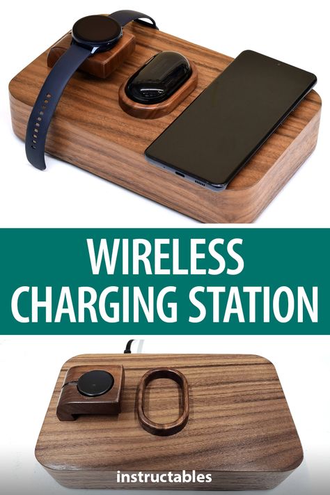 This wireless charging station can be customized to hold and charge your handheld devices. #Instructables #woodworking #workshop #woodshop #electronics #technology #dock #phone Apple Charging Station Diy, Wood Phone Charging Station, Diy Wood Charging Station, Phone Watch Charging Station, Diy Wireless Charging Station, 3 In 1 Charging Station, Charging Station Ideas Diy, Docking Station Diy, Phone Charging Station Ideas