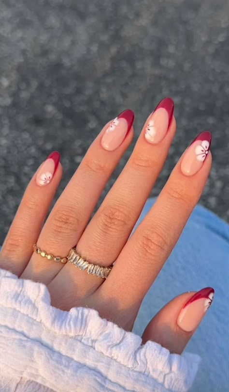 Red French Tip Summer Nails, French Color Nails, Almond Nails Designs Summer, Hawaii Nails, Summer Nails Almond, I Nails, X Nails, Short Almond Nails, Almond Nails Designs