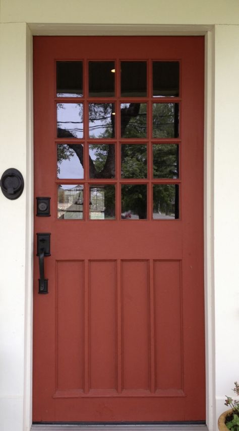 Brick Red Front Door Color, Dark Orange Front Door, Rust Orange Front Door, Burnt Orange Door, Red Orange Front Door, Rust Colored Front Door, Red Door Colors, Gray House Red Door, Tan House Front Door Color