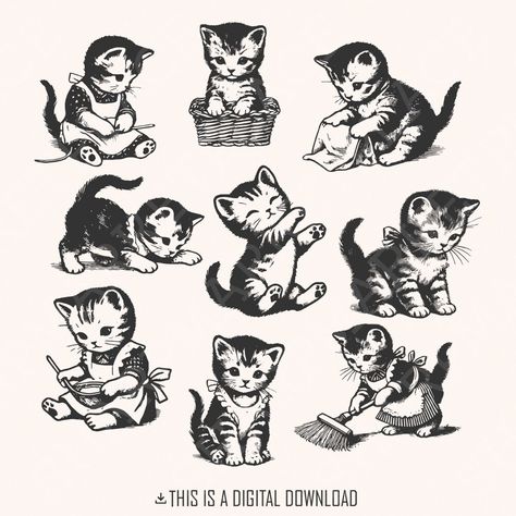 Vintage Kitten Tattoo, Cat Tattoo Vintage, Vintage Cat Cartoon, Retro Cat Tattoo, Retro Cat Art, Vintage Cat Tattoo, Vintage Cat Drawing, Vintage Cat Illustration, Vintage Cat Art