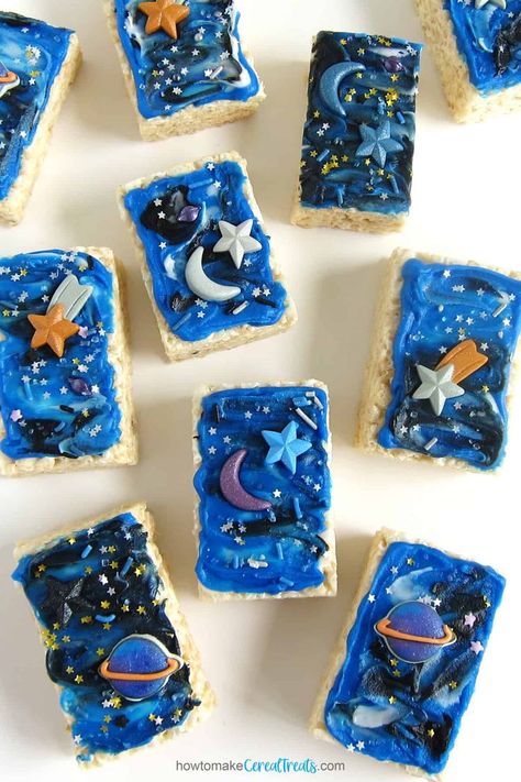 galaxy rice krispie treats Space Rice Crispy Treats, Space Themed Desserts Easy, Outer Space Dessert Table, Space Themed Food For Kids, Galaxy Dessert Table, Space Theme Party Snacks, Outer Space Themed Snacks, Space Party Treats, Space Birthday Snack Ideas