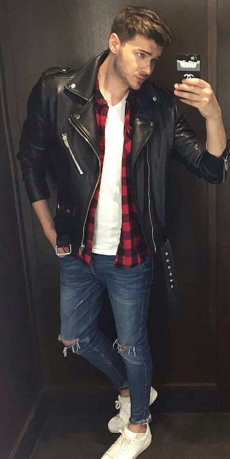 Mens Street Fashion, Fall Leather Jacket, Red Checked Shirt, Guy Outfits, Leather Jacket Outfit Men, Leather Jackets For Men, Jacket With Hoodie, Fall Leather, Shirt Outfit Men