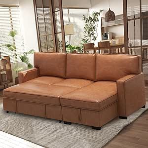 EBELLO Convertible Sleeper Sofa 3 in 1, Faux Leather Modern L-Shaped Couches for Living Room, Pull Out Sectional Futon Sofa Bed with Storage Space, USB Ports and Cup Holders for Bedroom, Brown Sofa Couch With Chaise, Two Way Sofa Couch, Couch That Turns Into Bed Sofas, Sofa With Chasie, Sectional Sofas With Storage, Reversible Sofa Chaise, Most Comfortable Sleeper Sofas, Sofa Bed Made.com, Pull Out Couch With Chaise