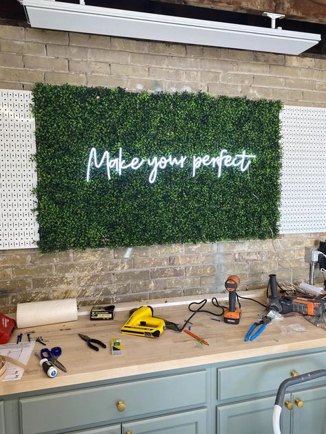 Grass Sign Wall, Faux Plant Wall With Neon Sign, Ivy Wall With Neon Sign, Fake Grass Wall With Neon Sign, Green Grass Wall Decor Bedroom, Boxwood Neon Sign, Grass Wall Office Decor, Faux Greenery Wall With Neon Sign, Fake Plant Wall With Neon Sign