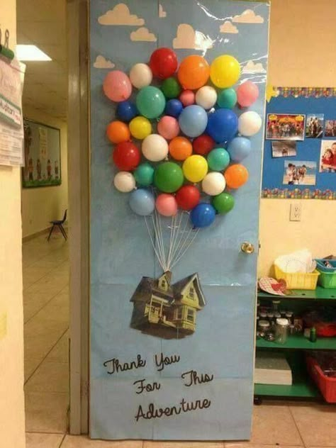 Up Movie Door Decoration, End Of The Year Classroom Doors, Back Door Decorating Ideas, Disney Teacher Door, Graduation Door Decorations Classroom, Graduation Door Ideas, Pixar Decorations Ideas, Graduation Classroom Door, Up Theme Classroom