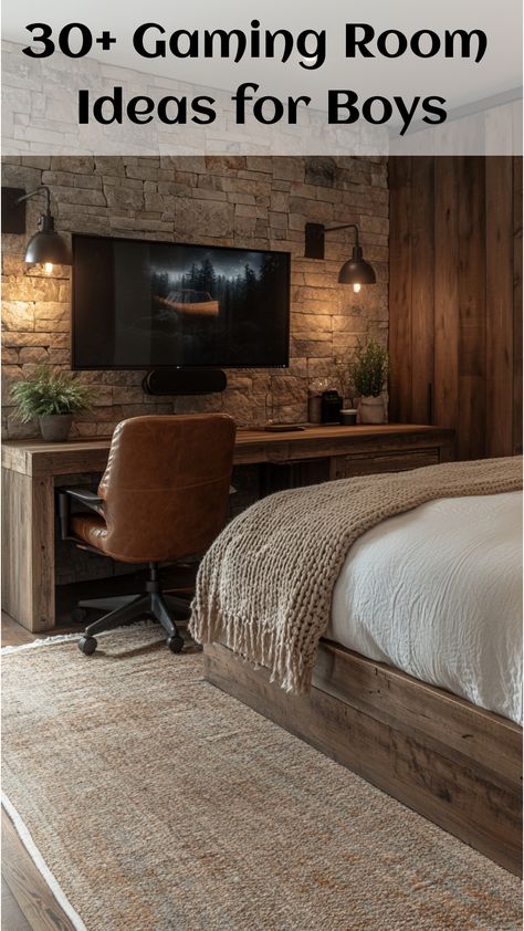 A gaming room blending rustic charm with modern tech, featuring a wooden backdrop, cozy bed, simple desk, and large TV for seamless transitions between gaming and relaxation. Teen Boy Desk, Gaming Room Ideas For Boys, Ultimate Gaming Room, Room Ideas For Boys, Cozy Gaming Setup, Gaming Room Ideas, Gaming Environment, Wooden Backdrop, Gamer Office