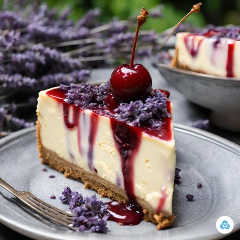 Earl Grey & Lavender Infused Cherry Cheesecake Recipe Lavender Earl Grey Cheesecake, Honey Lavender Cheesecake, Earl Grey Cheesecake, Lavender Cheesecake, Earl Grey Lavender, Cherry Cheesecake Recipe, Glazed Cherries, Sales Website, Lavender Cake