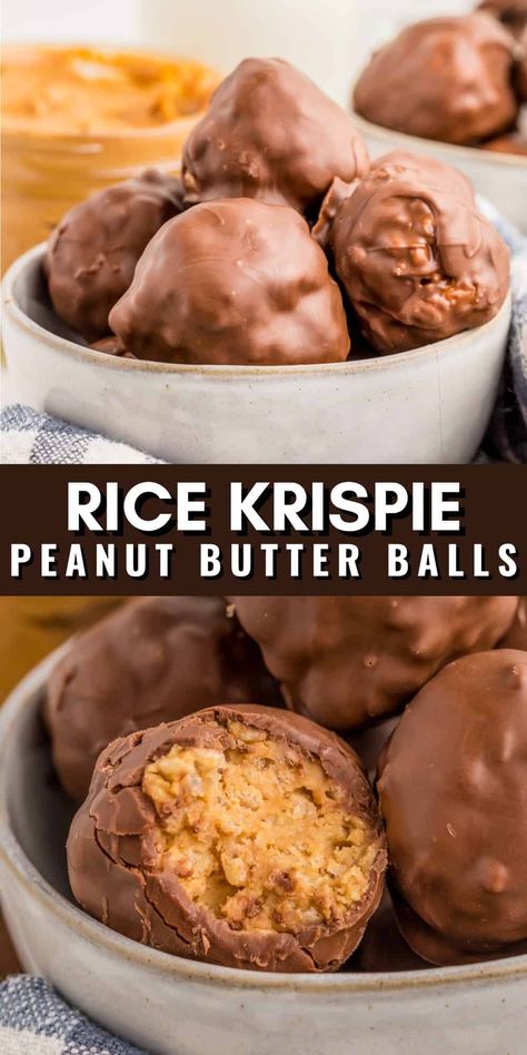 A nostalgic holiday recipe, these Rice Krispie Peanut Butter Balls are super easy, tasty and great for parties, gift giving and more. Peanut Butter Balls With Rice Krispies Recipe, Buckeyes Recipe Rice Krispies, Easy Dessert Recipes With Things You Have At Home, Peanut Butter Balls With Rice Crispy, Chocolate Rice Crispy Balls Recipe, Oatmeal Peanut Butter Balls No Bake, Buckeyes With Rice Krispies Recipe, Rice Krispie Treat Balls, Chocolate Covered Peanut Butter Balls With Rice Krispies