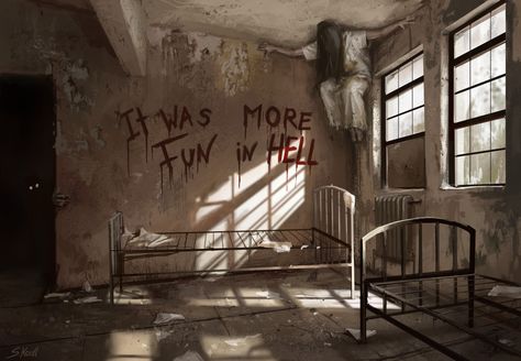 ArtStation - Haunted asylum, Stefan Koidl Haunted Asylums, Creepy Paintings, Apocalypse Aesthetic, Abandoned Asylums, Scary Gif, Creepy Images, Scary Art, Creepy Art, Dark Photography